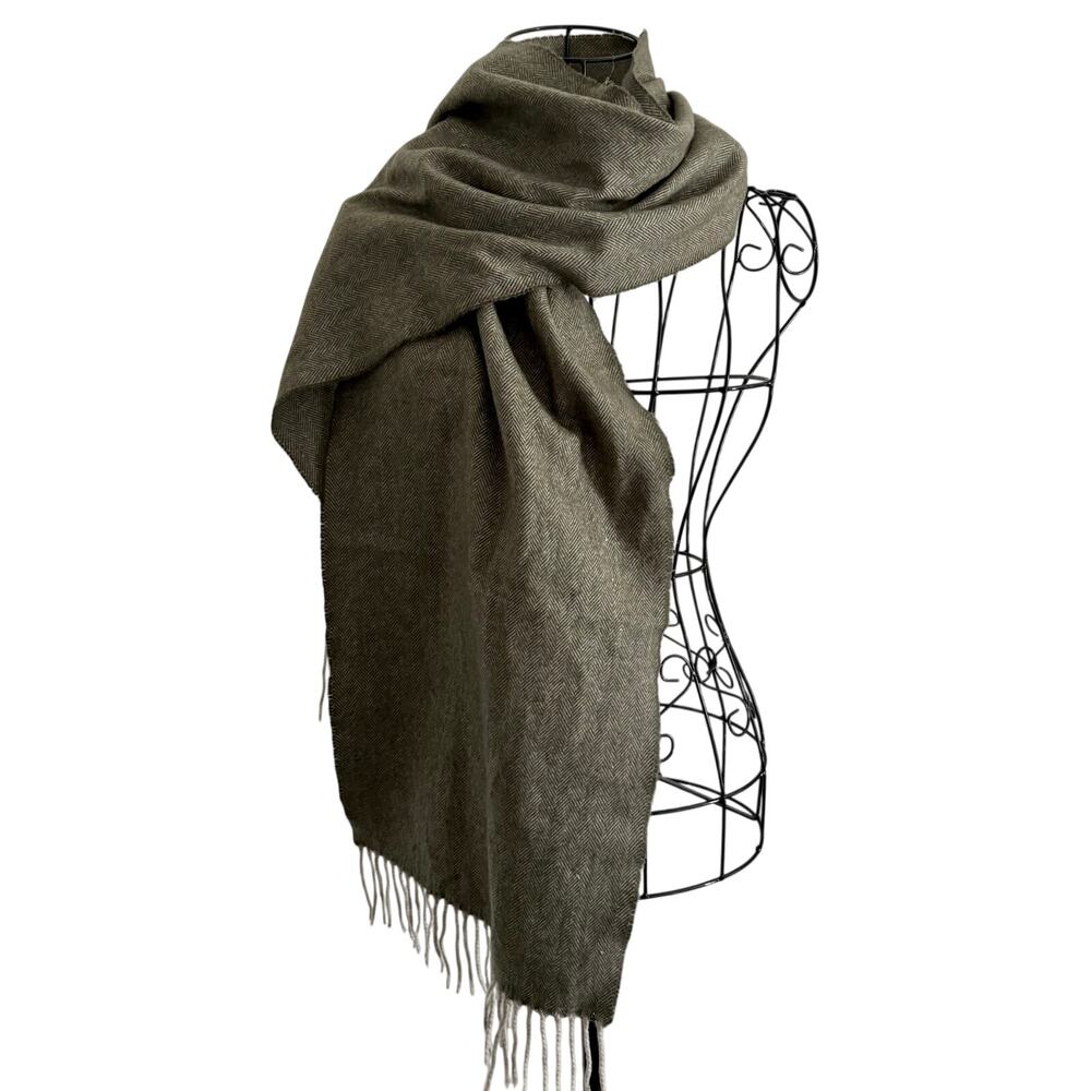Vintage 100% Cashmere Olive Herringbone Tweed Scarf Made In Scotland Preppy